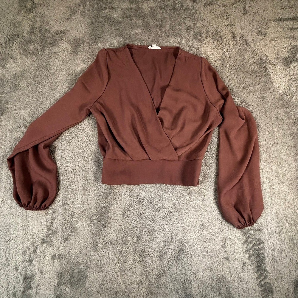 Agaci Brown Long Sleeve Surplice Wrap Top Smocked Back Small